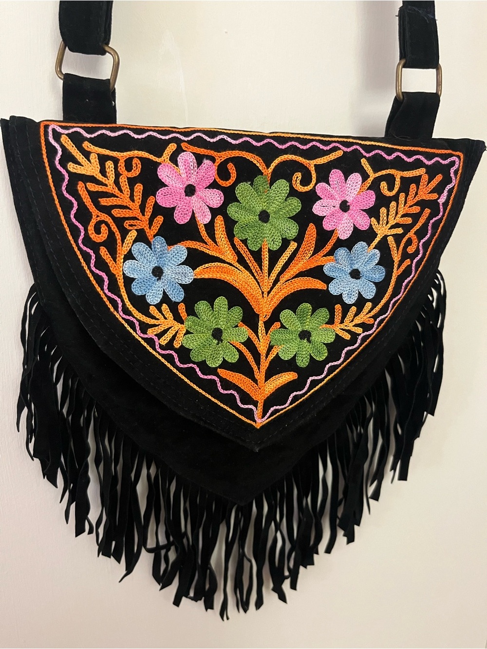 NWOT Black Aari Embroidered Faux Suede Fringe Crossbody Bag